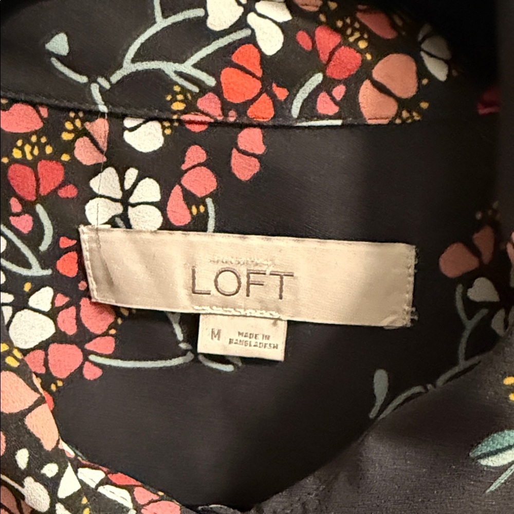 LOFT Black Floral Button-Front Blouse with Red and Pink Blooms - Picture 4 of 8